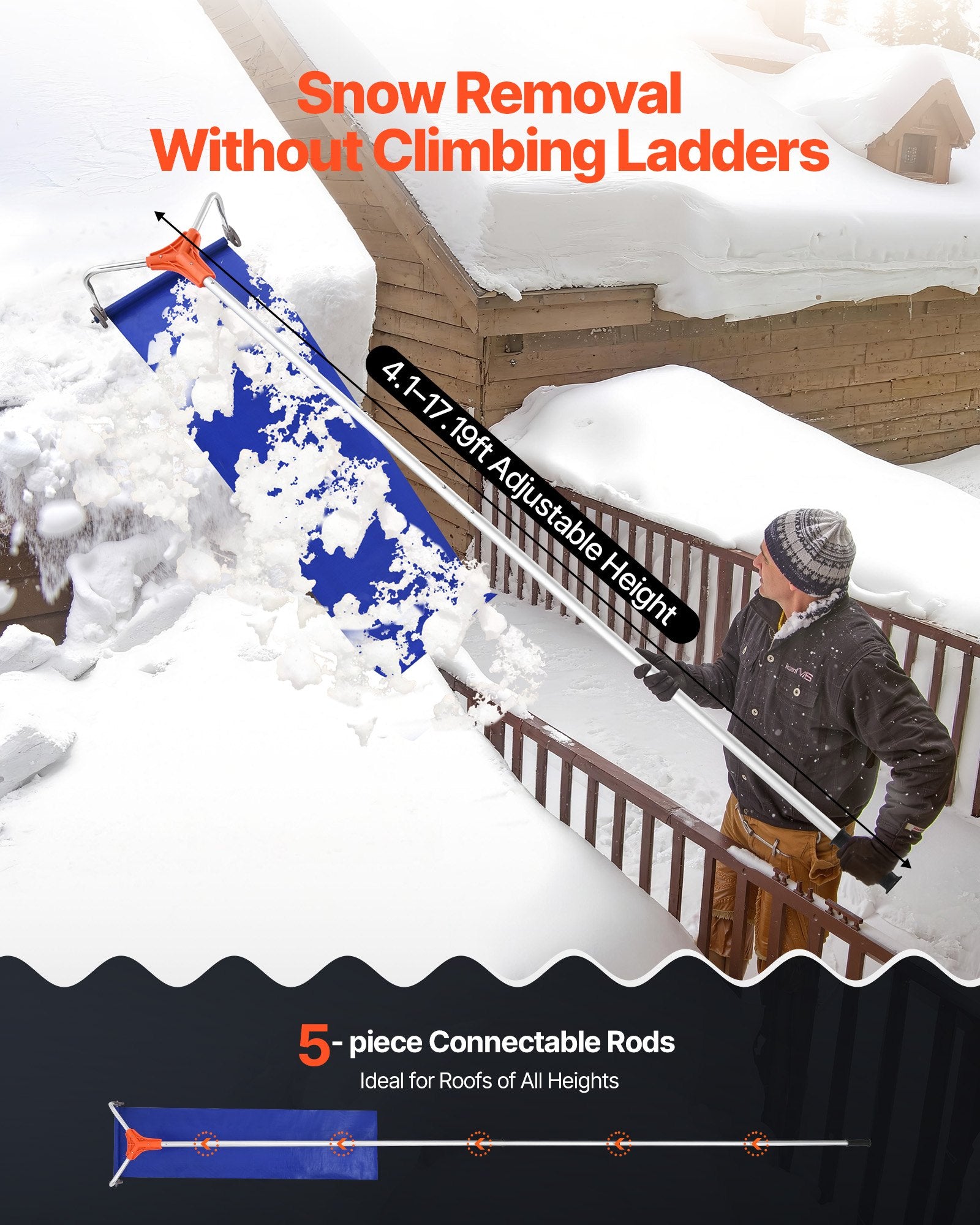 Snow Roof Rake, 27cm Aluminum Blade, 1.25-5.24 m Adjustable Roof Snow Scraper with Wheels & Slide, Lightweight Snows Removal Tool for House Rooftop Leaves Debris Clearing - Image 4