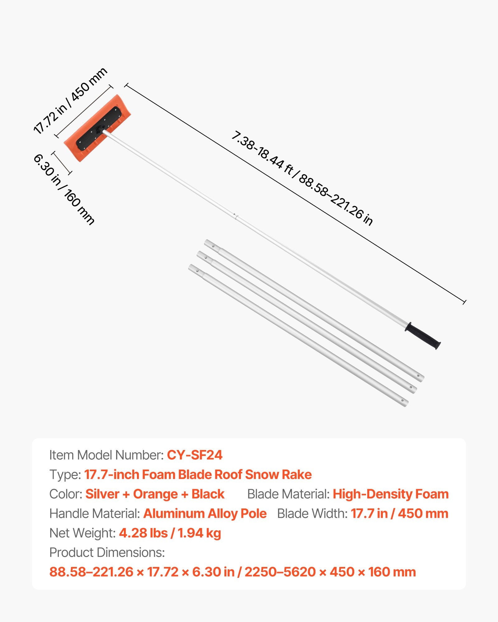 Snow Roof Rake, 45cm Foam Blade, 2.25-5.62 m Adjustable Roof Snow Scraper, Extension Tubes & Non-Slip Handle, Lightweight Snows Removal Tool for House Leaves Debris Clearing - Image 7