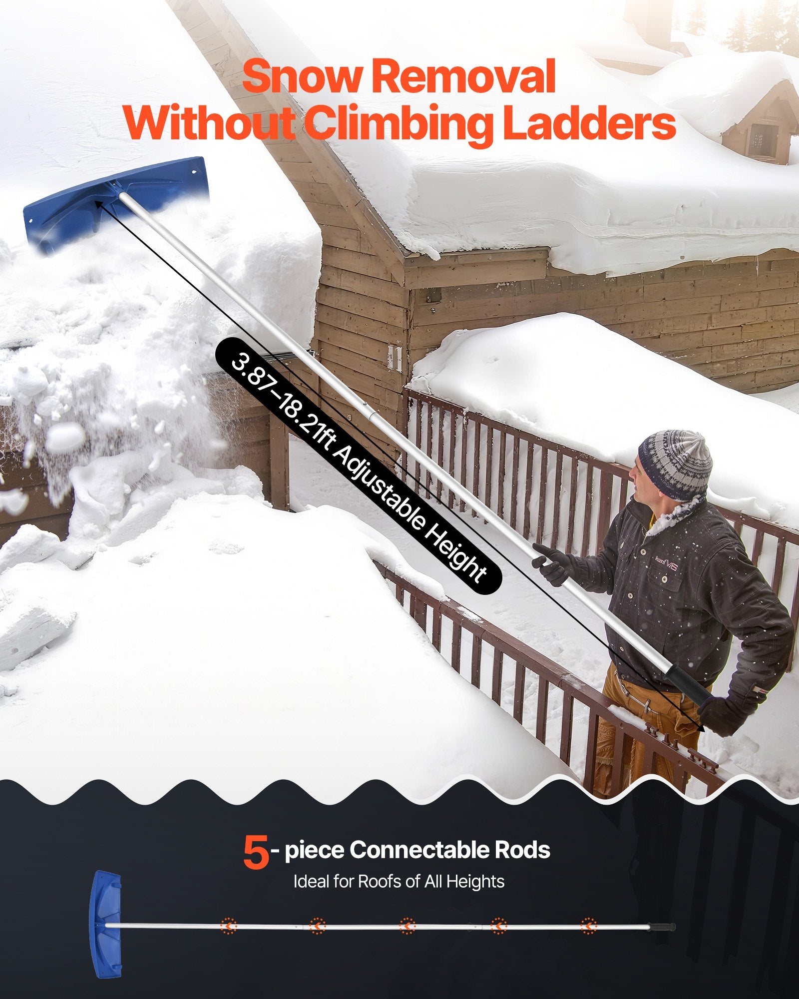 Snow Roof Rake, 60cm PP Plastic Blade, 1.18-5.55 m Adjustable Roof Snow Scraper with Wheels, Anti-Slip Handle Snows Removal Tool, Lightweight House Rooftop Rake for Leaves Debris Removal - Image 4