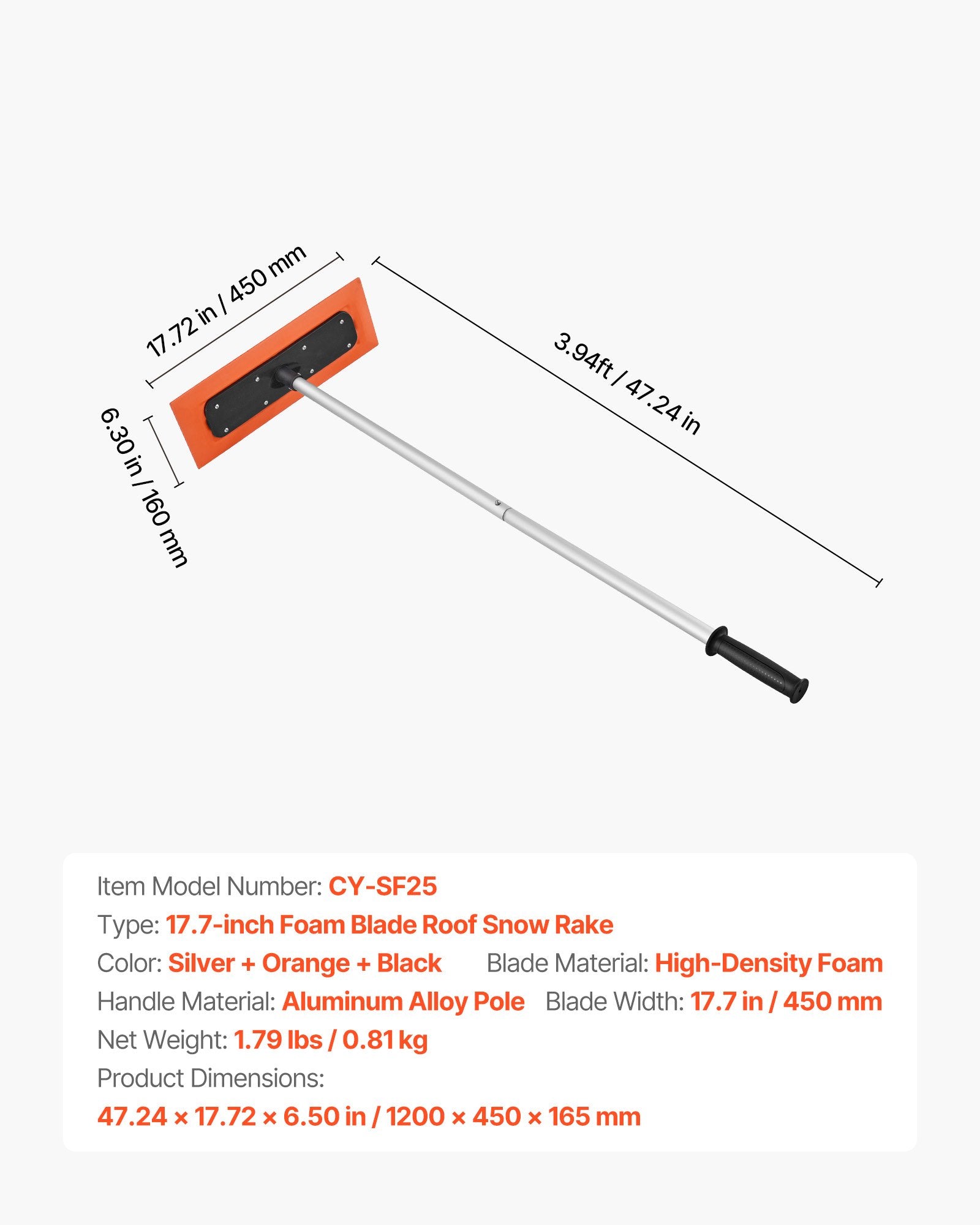 VEVOR Snow Roof Rake, 1.2m Long Reach Car Roof Snow Scraper, 45cm Foam Blade for No Scratches, Non-Slip Handle, Lightweight Snows Removal Tool for Vehicle Garage Rooftop Leaves Debris Clearing - Image 7