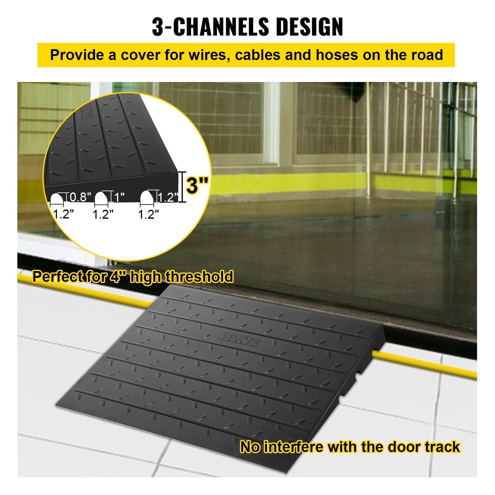Rubber Threshold Ramp, 7.62 cm Rise Threshold Ramp Doorway, 3 Channels Cord Cover Rubber Solid Threshold Ramp, Rubber Angled Entry Rated 997.9 kg Load Capacity for Wheelchair and Scooter - Image 3