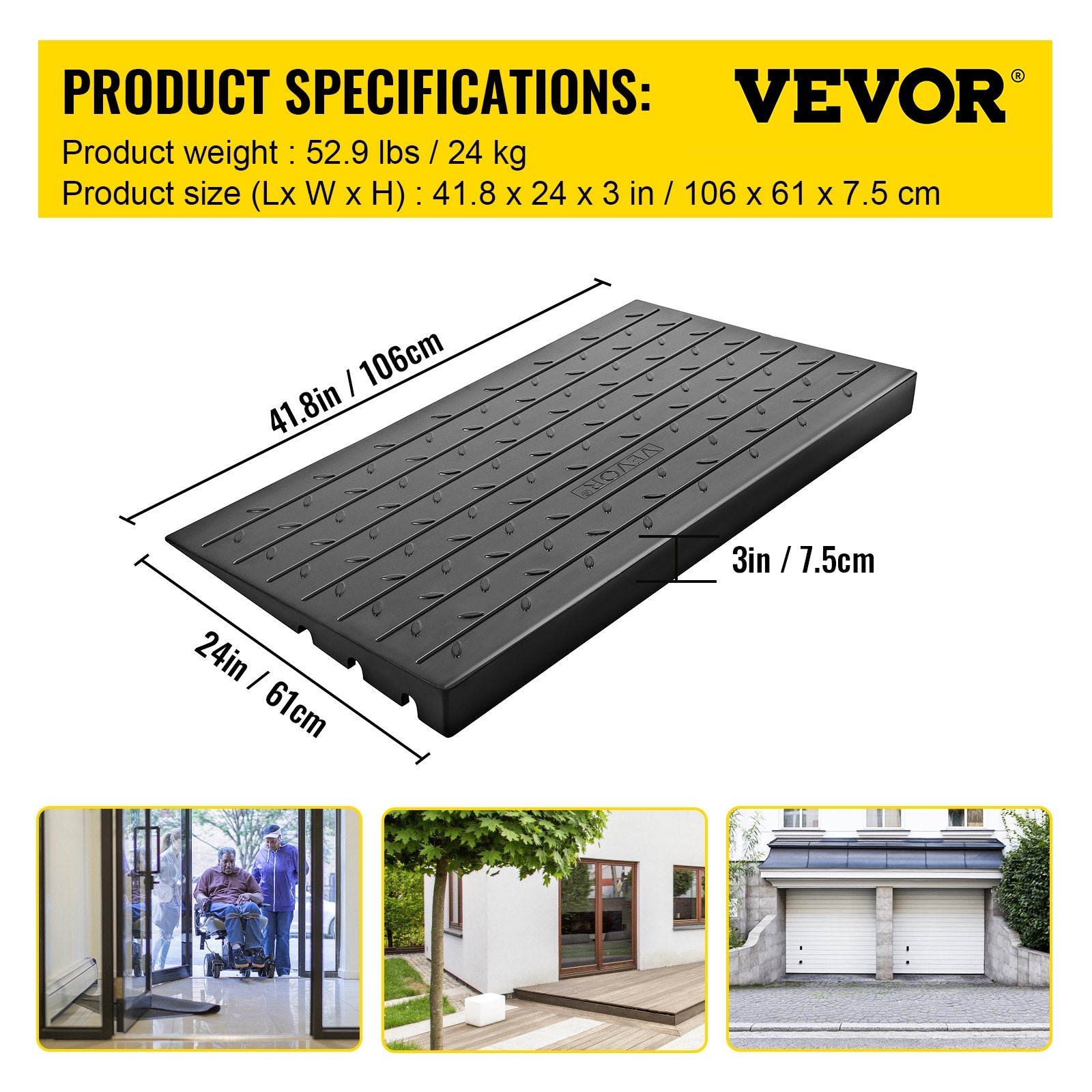 Rubber Threshold Ramp, 7.62 cm Rise Threshold Ramp Doorway, 3 Channels Cord Cover Rubber Solid Threshold Ramp, Rubber Angled Entry Rated 997.9 kg Load Capacity for Wheelchair and Scooter - Image 7