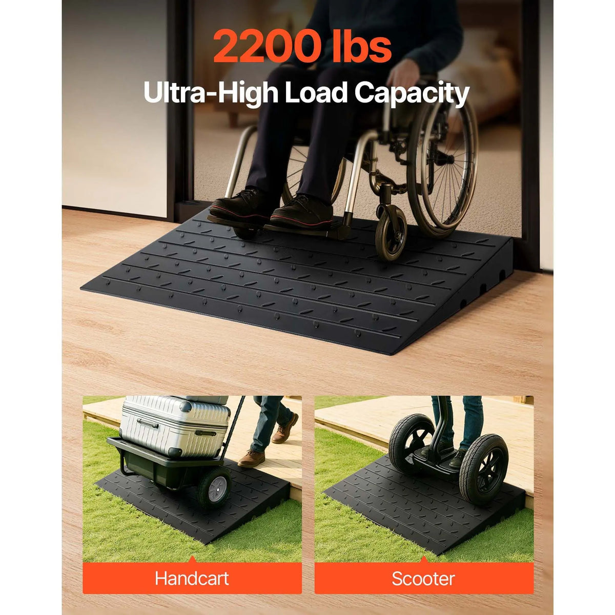 Rubber Threshold Ramp, 4" Rise Threshold Ramp Doorway, 3 Channels Cord Cover Rubber Solid Threshold Ramp, Rubber Angled Entry Rated 2200 Lbs Load Capacity for Wheelchair and Scooter - Image 2