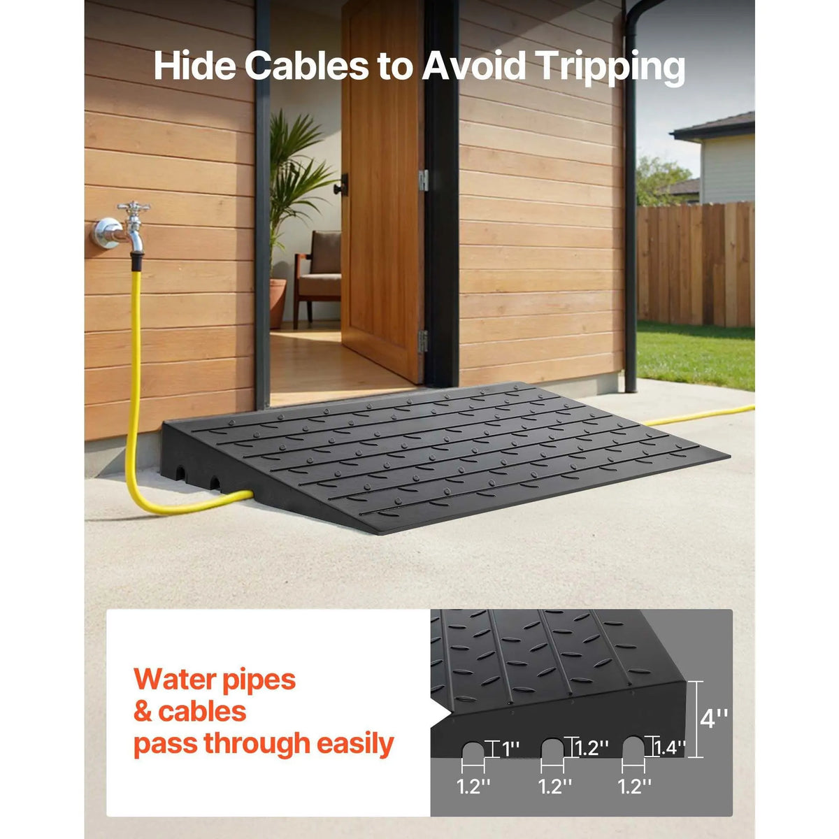 Rubber Threshold Ramp, 4" Rise Threshold Ramp Doorway, 3 Channels Cord Cover Rubber Solid Threshold Ramp, Rubber Angled Entry Rated 2200 Lbs Load Capacity for Wheelchair and Scooter - Image 5