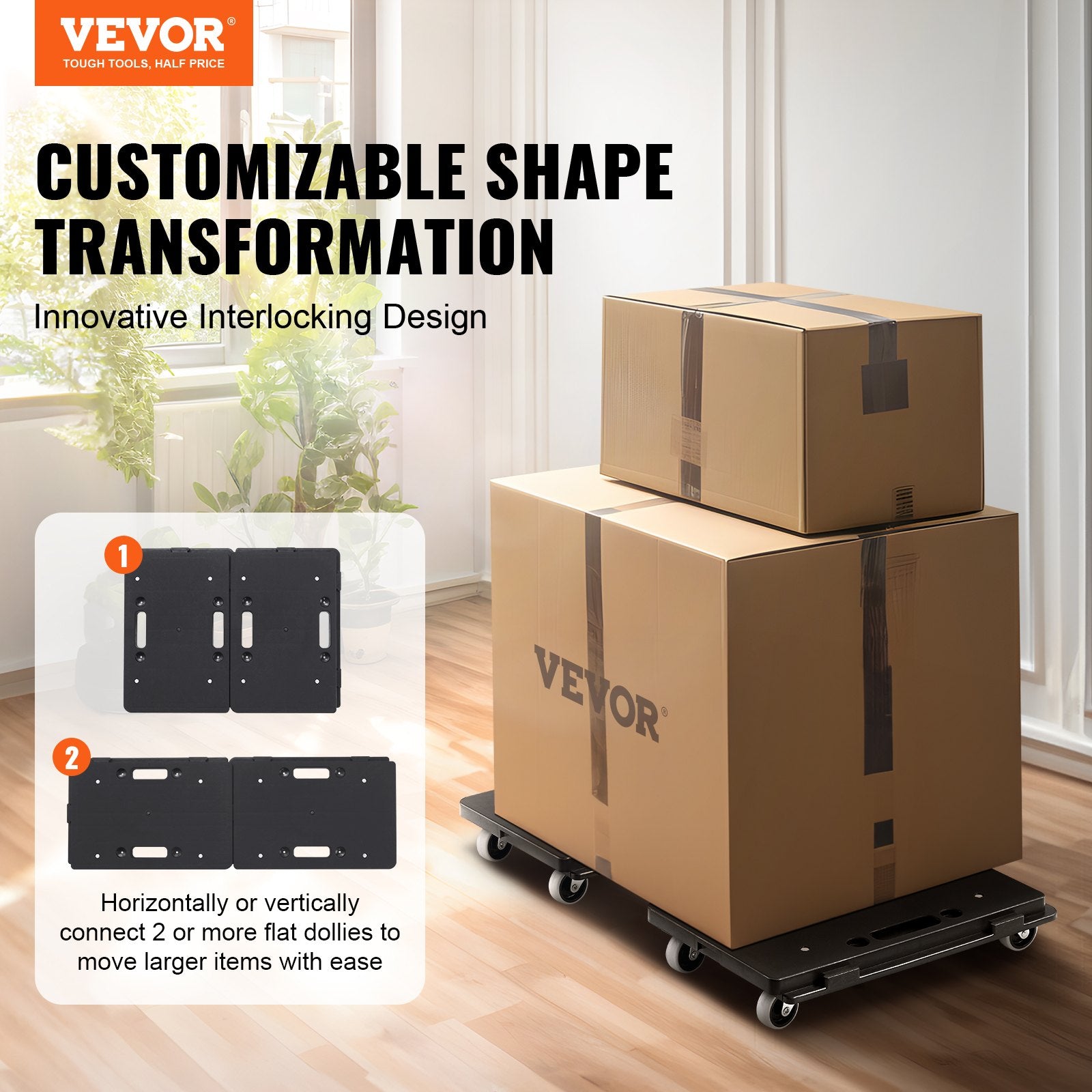 Furniture Dolly, 500 lbs Capacity Each Count, Furniture Mover with Wheels, Portable Moving Rollers 4 Wheels Heavy Duty, Small Flat Dolly Cart with Interlocking for Heavy Furniture, 2 Pack, Black - Image 2