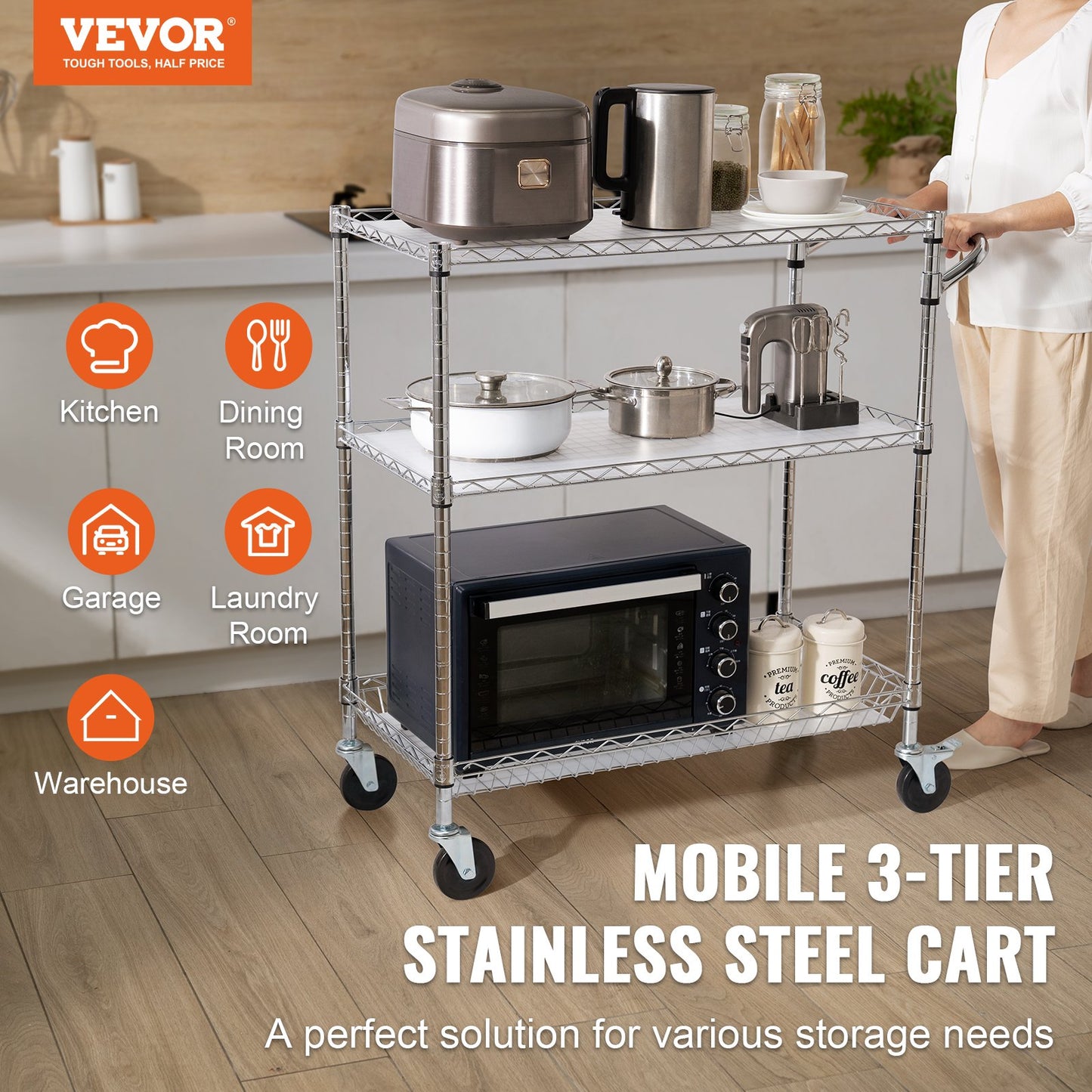 Kitchen Utility Cart, 3 Tiers, Wire Rolling Cart, Steel Service Cart on Wheels, Metal Storage Trolley with 80mm Basket Curved Handle PP Liner 6 Hooks, for Indoor and Outdoor - Image 2