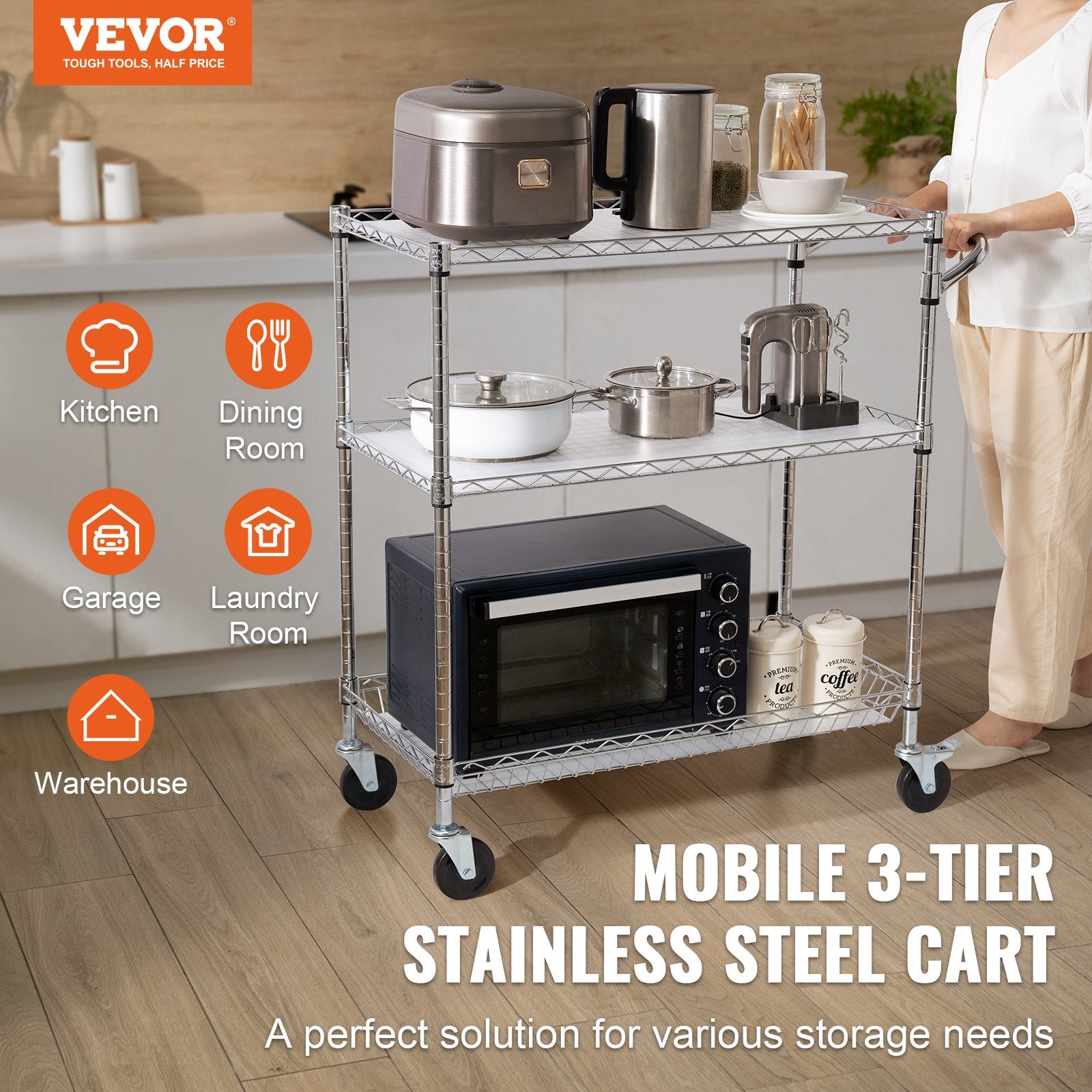 Kitchen Utility Cart, 3 Tiers, Wire Rolling Cart, Steel Service Cart on Wheels, Metal Storage Trolley with 80mm Basket Curved Handle PP Liner 6 Hooks, for Indoor and Outdoor - Image 2