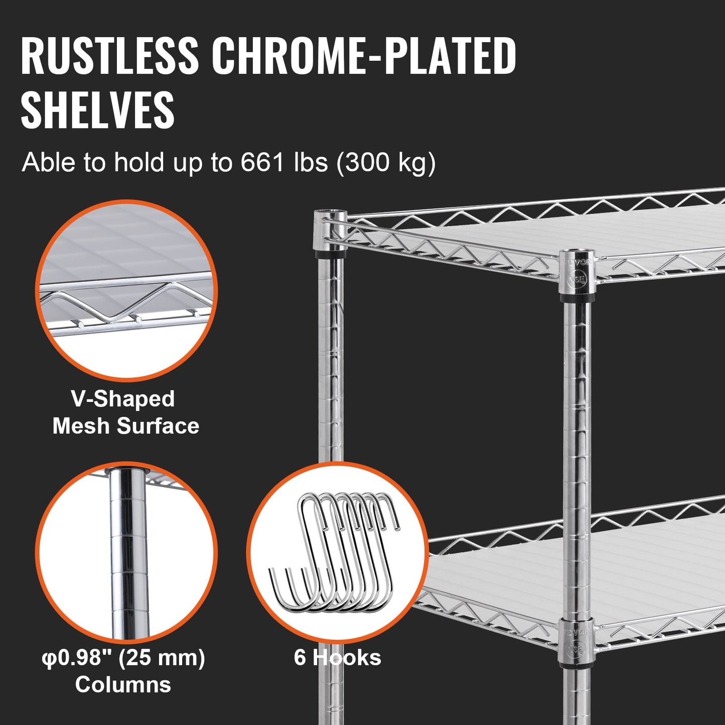 Kitchen Utility Cart, 3 Tiers, Wire Rolling Cart, Steel Service Cart on Wheels, Metal Storage Trolley with 80mm Basket Curved Handle PP Liner 6 Hooks, for Indoor and Outdoor - Image 3