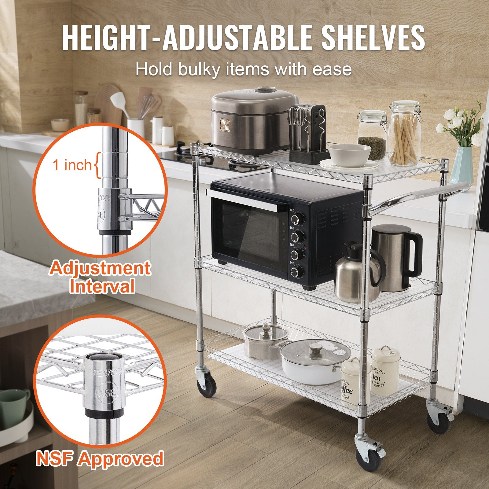Kitchen Utility Cart, 3 Tiers, Wire Rolling Cart, Steel Service Cart on Wheels, Metal Storage Trolley with 80mm Basket Curved Handle PP Liner 6 Hooks, for Indoor and Outdoor - Image 4
