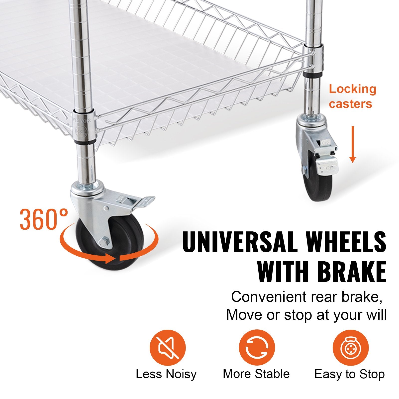 Kitchen Utility Cart, 3 Tiers, Wire Rolling Cart, Steel Service Cart on Wheels, Metal Storage Trolley with 80mm Basket Curved Handle PP Liner 6 Hooks, for Indoor and Outdoor - Image 5