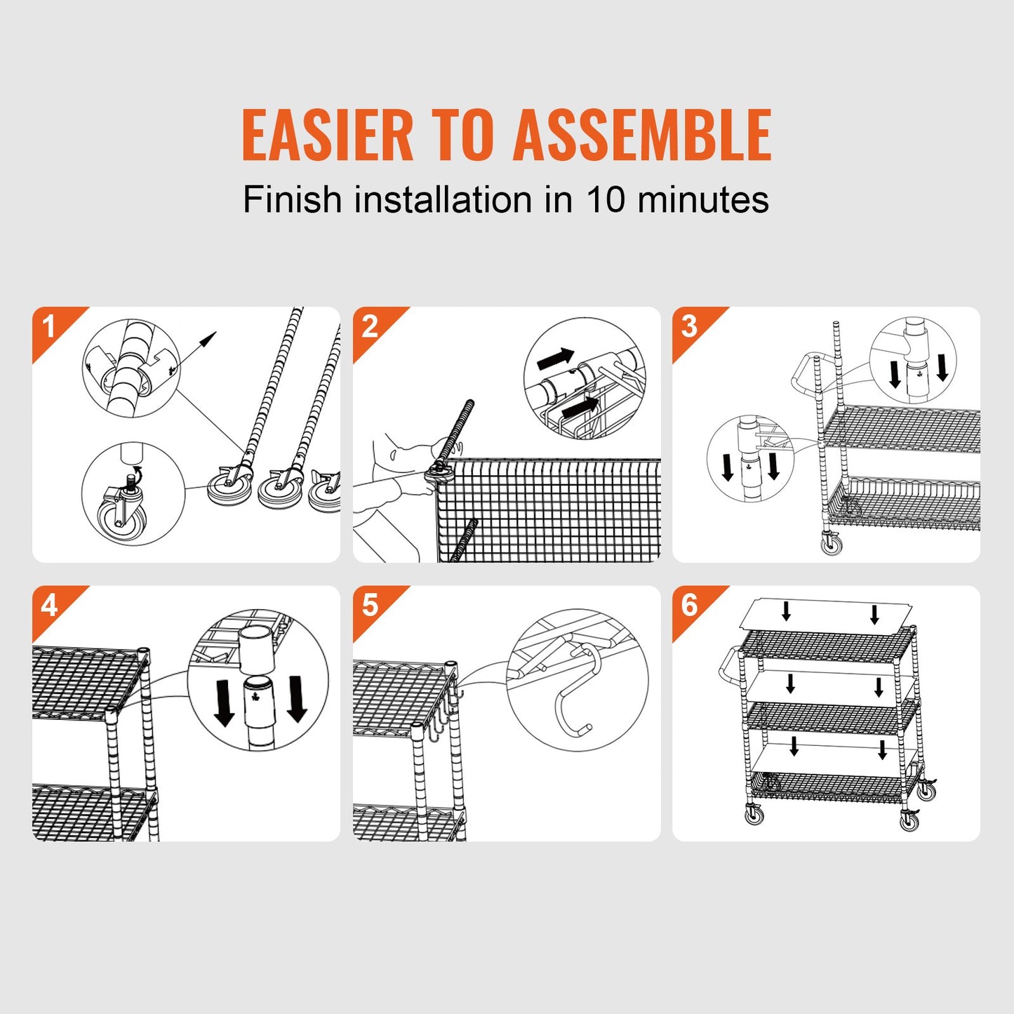 Kitchen Utility Cart, 3 Tiers, Wire Rolling Cart, Steel Service Cart on Wheels, Metal Storage Trolley with 80mm Basket Curved Handle PP Liner 6 Hooks, for Indoor and Outdoor - Image 6