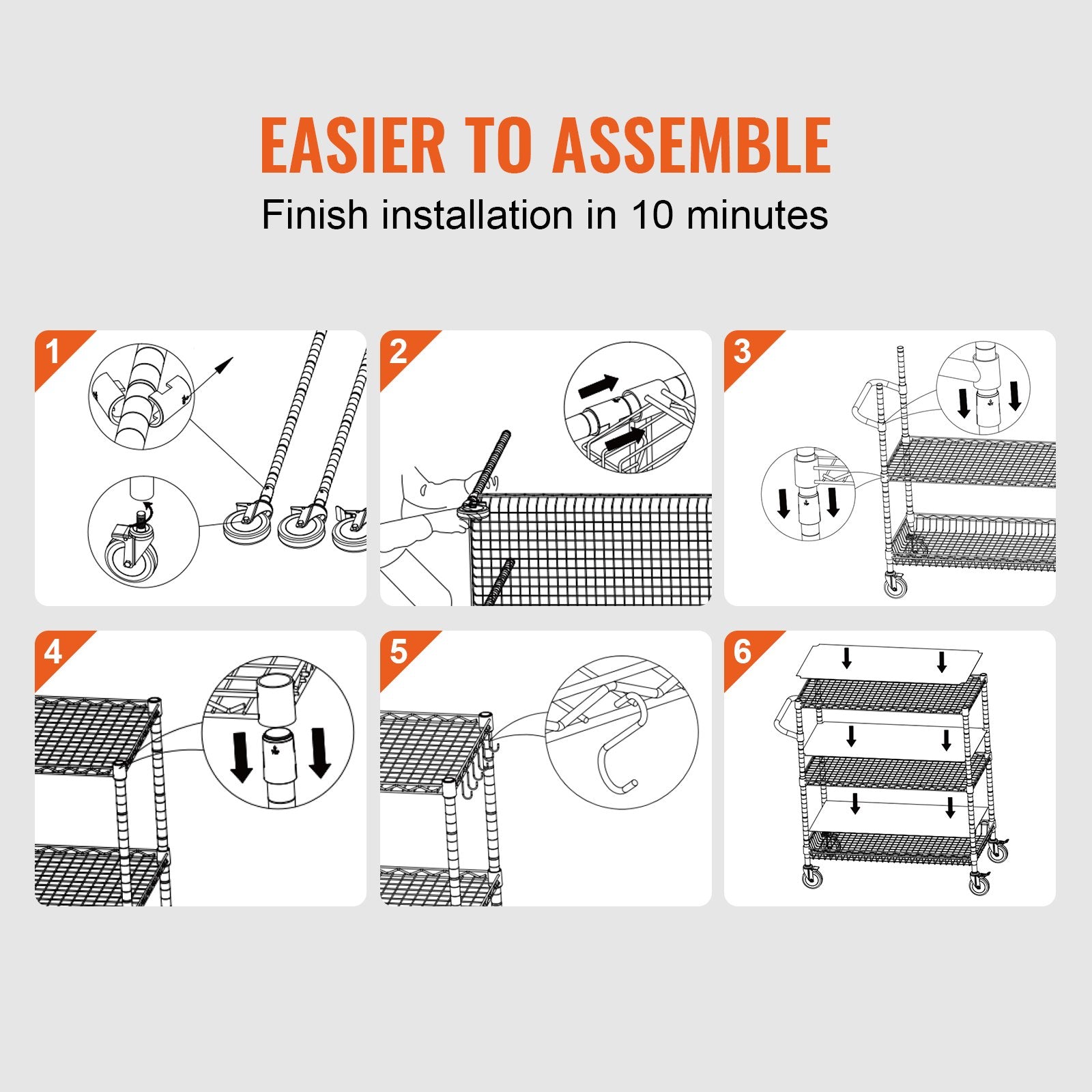 Kitchen Utility Cart, 3 Tiers, Wire Rolling Cart, Steel Service Cart on Wheels, Metal Storage Trolley with 80mm Basket Curved Handle PP Liner 6 Hooks, for Indoor and Outdoor - Image 6