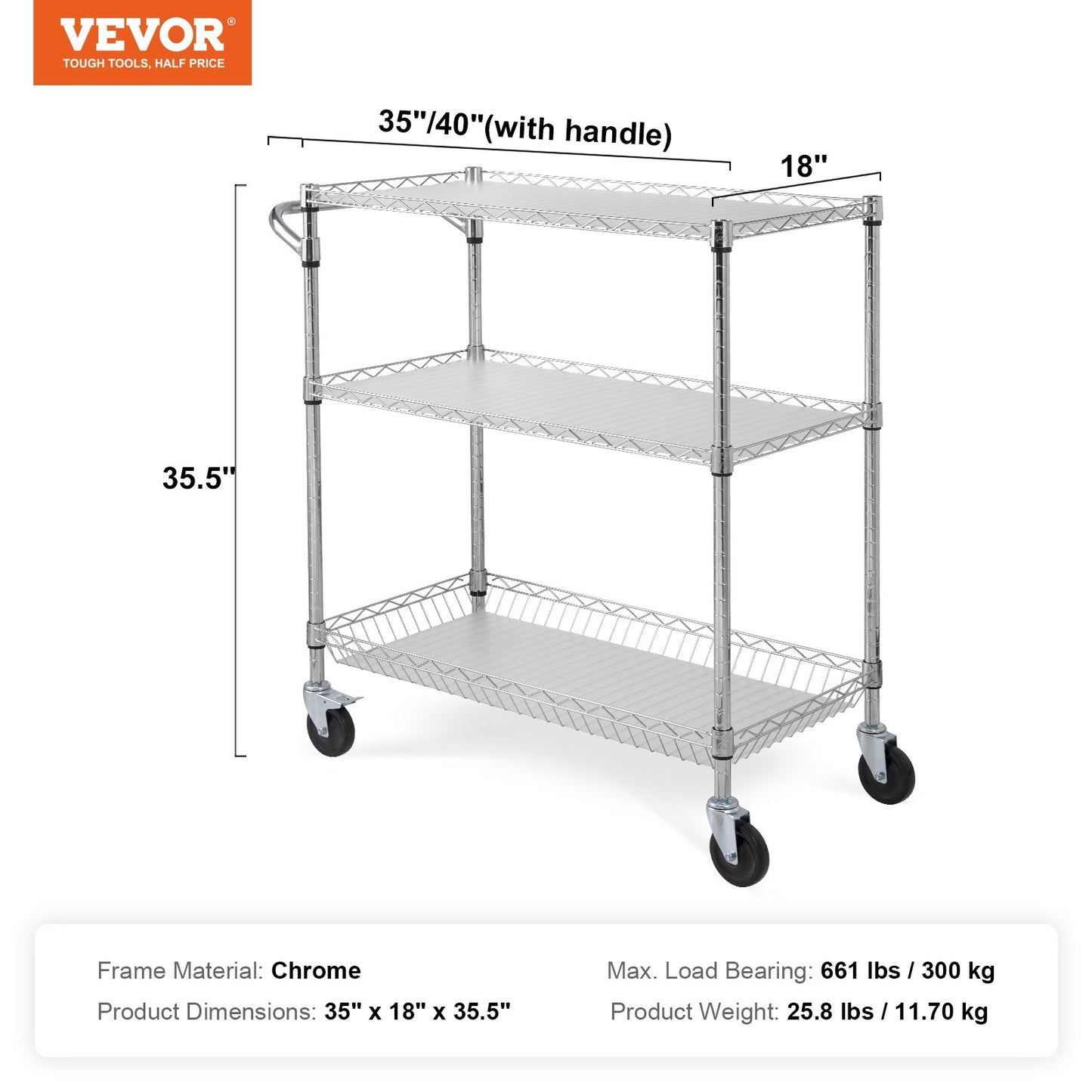 Kitchen Utility Cart, 3 Tiers, Wire Rolling Cart, Steel Service Cart on Wheels, Metal Storage Trolley with 80mm Basket Curved Handle PP Liner 6 Hooks, for Indoor and Outdoor - Image 7