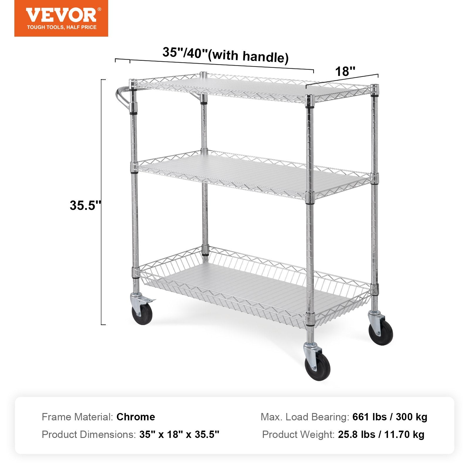 Kitchen Utility Cart, 3 Tiers, Wire Rolling Cart, Steel Service Cart on Wheels, Metal Storage Trolley with 80mm Basket Curved Handle PP Liner 6 Hooks, for Indoor and Outdoor - Image 7