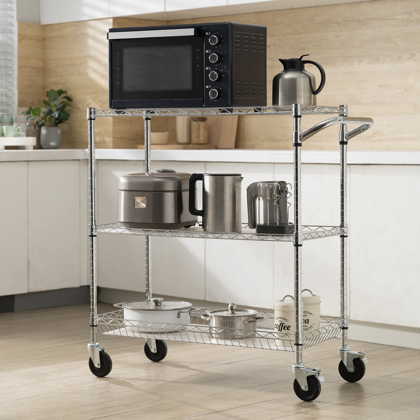Kitchen Utility Cart, 3 Tiers, Wire Rolling Cart, Steel Service Cart on Wheels, Metal Storage Trolley with 80mm Basket Curved Handle PP Liner 6 Hooks, for Indoor and Outdoor - Image 8
