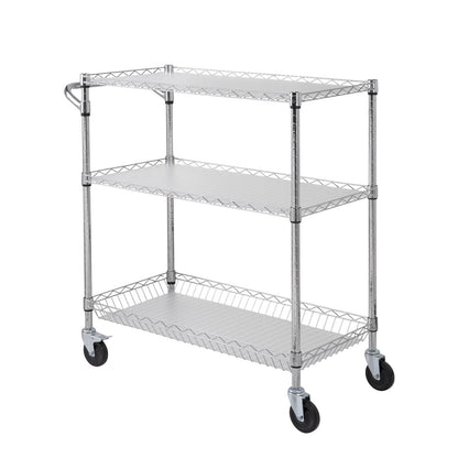 Kitchen Utility Cart, 3 Tiers, Wire Rolling Cart, Steel Service Cart on Wheels, Metal Storage Trolley with 80mm Basket Curved Handle PP Liner 6 Hooks, for Indoor and Outdoor - Image 9