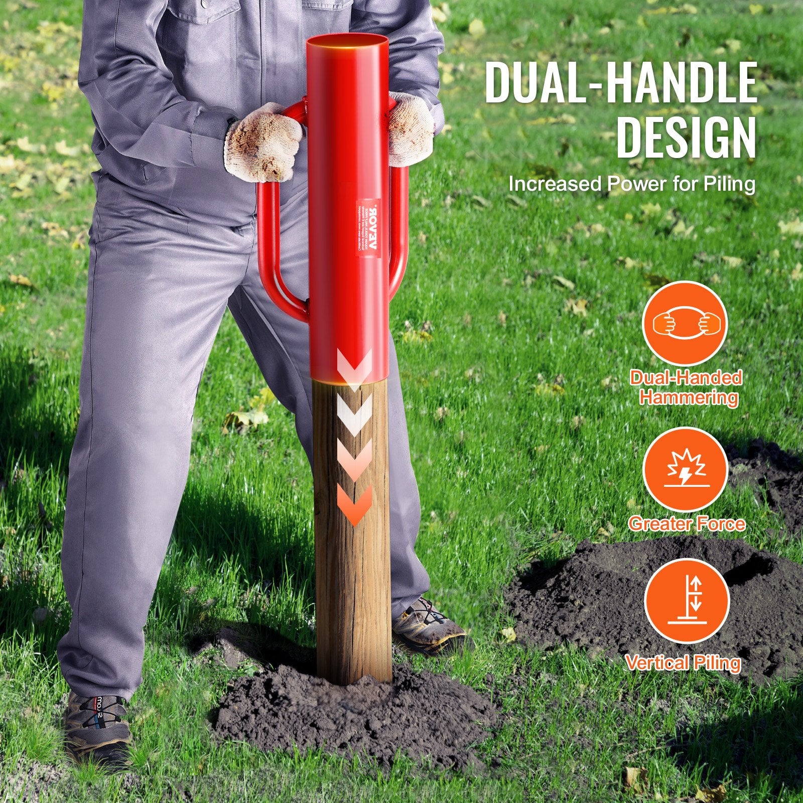 Fence Post Driver with Handles, 2.7 in Inner Diameter T Post Pole Pounder, 14LB Heavy Duty Carbon Steel Hand Post Rammer, Farm Fencing Hole Digger for U Channel, Sign Pole, Wooden Post, Red - Image 3