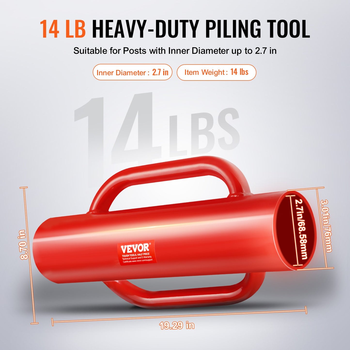 Fence Post Driver with Handles, 2.7 in Inner Diameter T Post Pole Pounder, 14LB Heavy Duty Carbon Steel Hand Post Rammer, Farm Fencing Hole Digger for U Channel, Sign Pole, Wooden Post, Red - Image 5