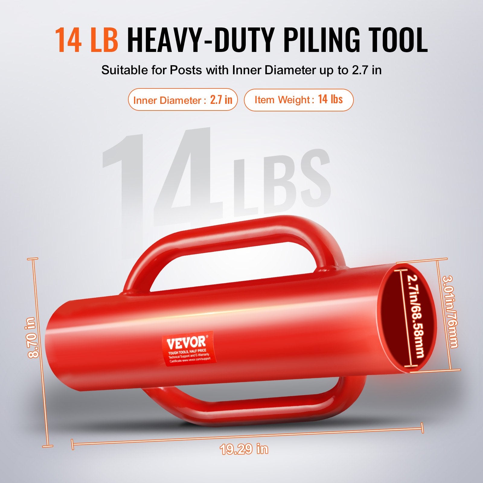 Fence Post Driver with Handles, 2.7 in Inner Diameter T Post Pole Pounder, 14LB Heavy Duty Carbon Steel Hand Post Rammer, Farm Fencing Hole Digger for U Channel, Sign Pole, Wooden Post, Red - Image 5