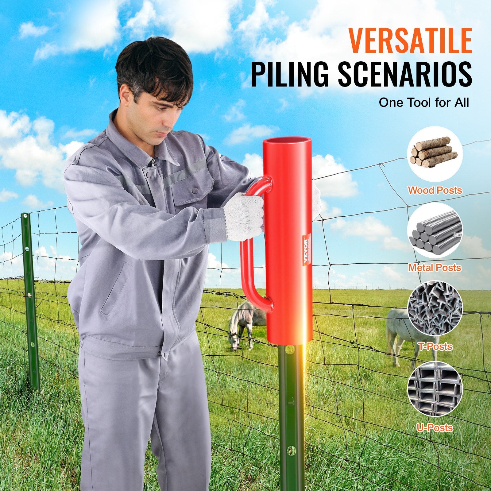 Fence Post Driver with Handles, 2.7 in Inner Diameter T Post Pole Pounder, 14LB Heavy Duty Carbon Steel Hand Post Rammer, Farm Fencing Hole Digger for U Channel, Sign Pole, Wooden Post, Red - Image 6