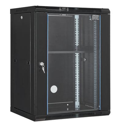 15U Wall Mount Network Cabinet, 226.8 kg Max. Ground Load Capacity, Server Rack Cabinet Enclosure with Locking Tempered Glass Door, Side Panels, Q235 Carbon Steel, for IT Equipment, A/V Devices