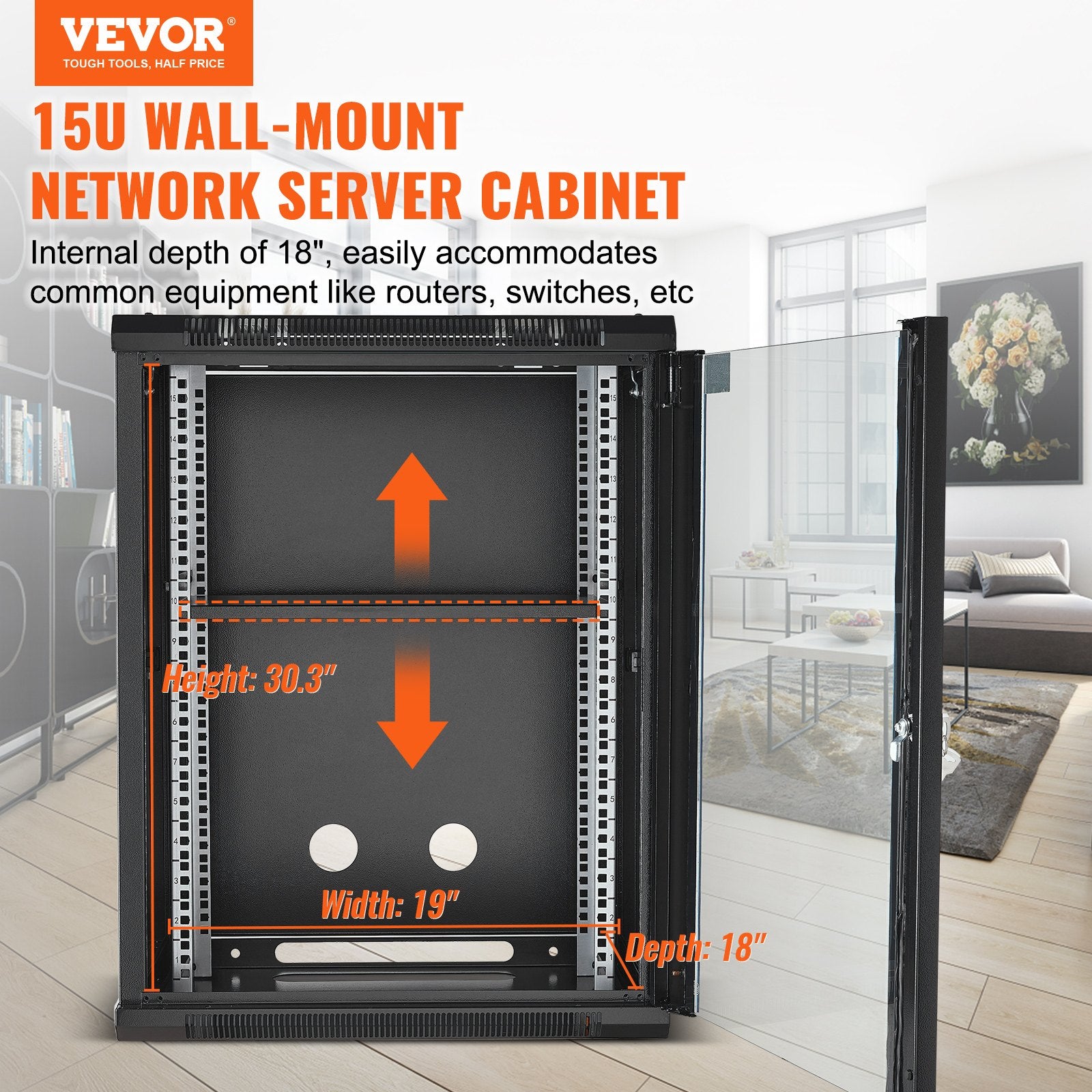 15U Wall Mount Network Cabinet, 226.8 kg Max. Ground Load Capacity, Server Rack Cabinet Enclosure with Locking Tempered Glass Door, Side Panels, Q235 Carbon Steel, for IT Equipment, A/V Devices - Image 2