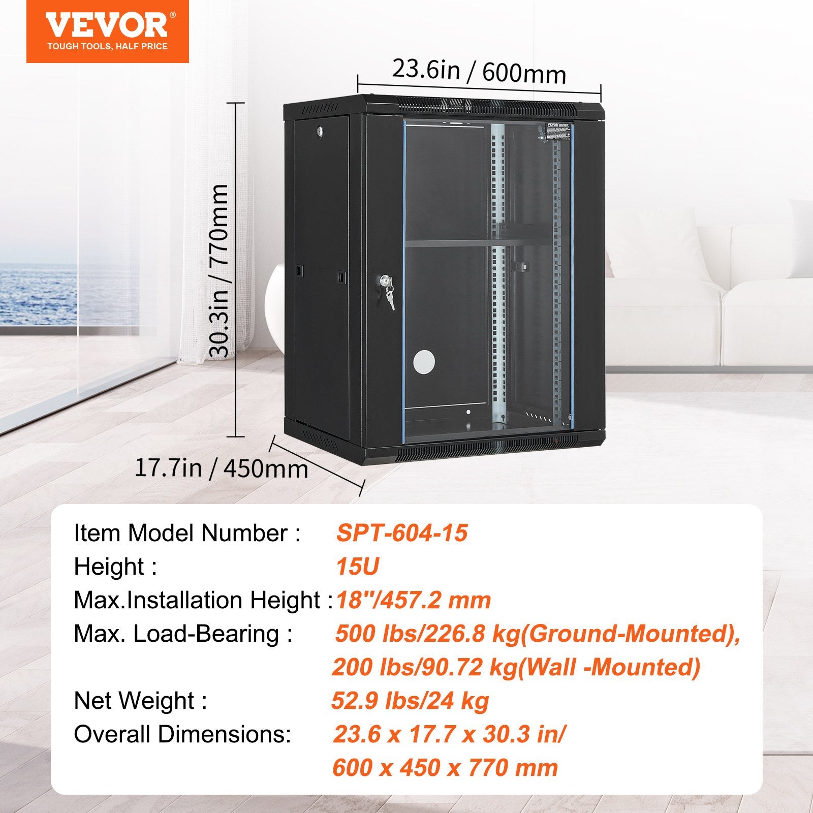 15U Wall Mount Network Cabinet, 226.8 kg Max. Ground Load Capacity, Server Rack Cabinet Enclosure with Locking Tempered Glass Door, Side Panels, Q235 Carbon Steel, for IT Equipment, A/V Devices - Image 7