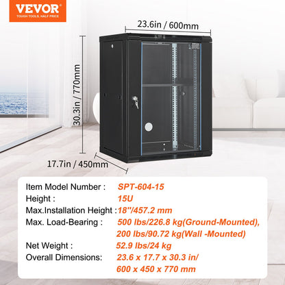 15U Wall Mount Network Cabinet, 226.8 kg Max. Ground Load Capacity, Server Rack Cabinet Enclosure with Locking Tempered Glass Door, Side Panels, Q235 Carbon Steel, for IT Equipment, A/V Devices - Image 7