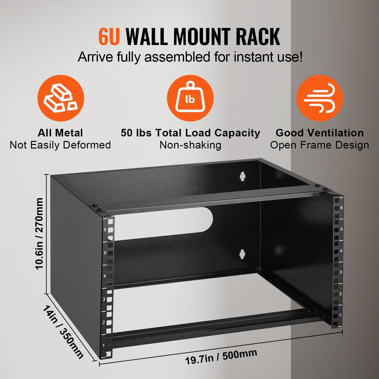 6U Wall Mount Network Rack, 14 in/355.6 mm Depth, 50 lbs/22.68 kg Max Weight Capacity Wall Mount Server Rack with Cage Nuts, 19"/482.6 mm for Shallow Server IT Equipment and Network Switches - Image 4