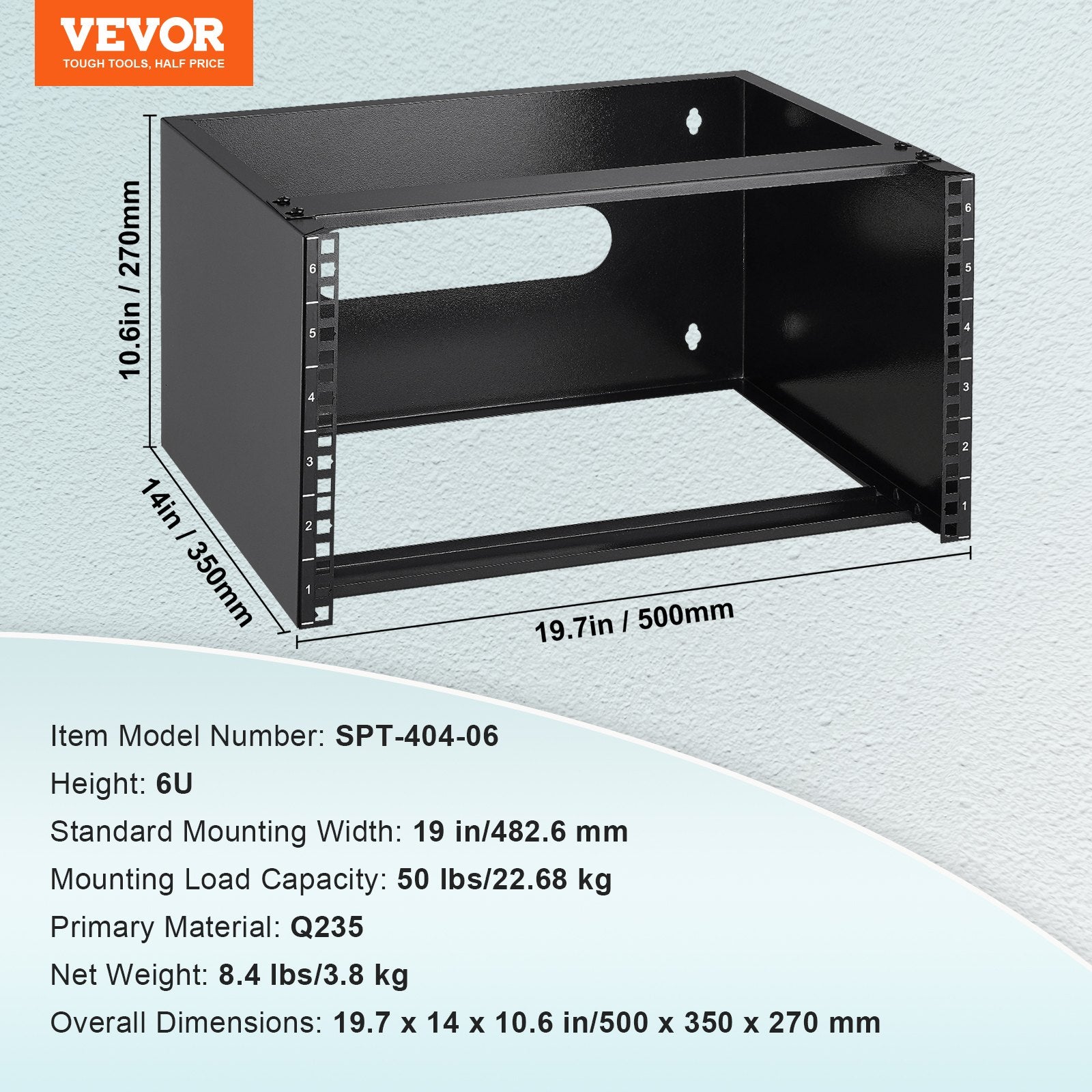 6U Wall Mount Network Rack, 14 in/355.6 mm Depth, 50 lbs/22.68 kg Max Weight Capacity Wall Mount Server Rack with Cage Nuts, 19"/482.6 mm for Shallow Server IT Equipment and Network Switches - Image 7