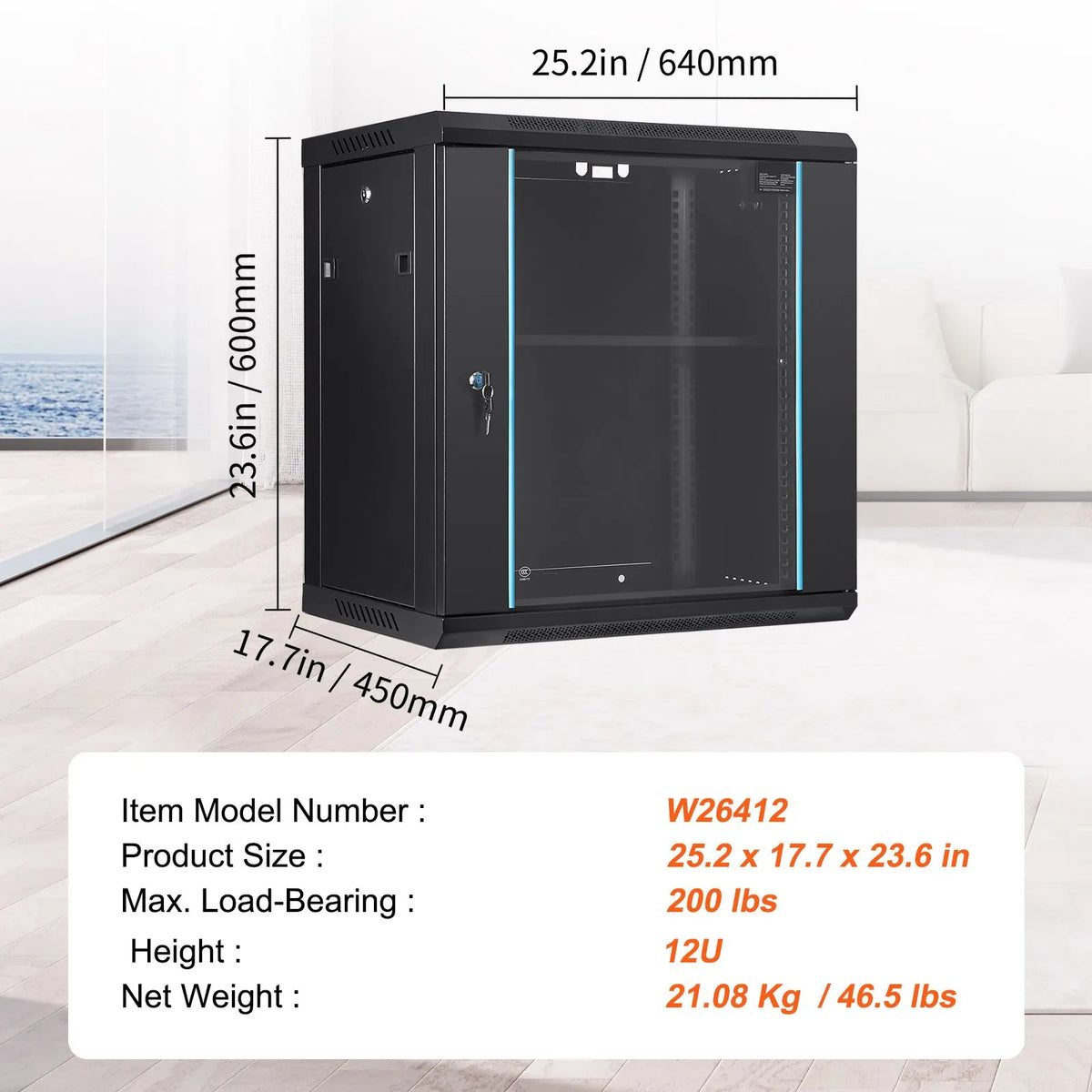 Wall Mount Network Server Cabinet, 393.7 mm Deep, Server Rack Cabinet Enclosure, 90.72 kg Max. Ground-mounted Load Capacity, with Locking Glass Door Side Panels, for IT Equipment, A/V Devices - Image 7