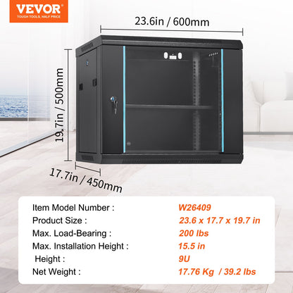 9U Wall Mount Network Server Cabinet, 39.37 cm Deep, Server Rack Cabinet Enclosure, 90.7 kg Max. Ground-mounted Load Capacity, with Locking Glass Door Side Panels, for IT Equipment, A/V Devices - Image 7