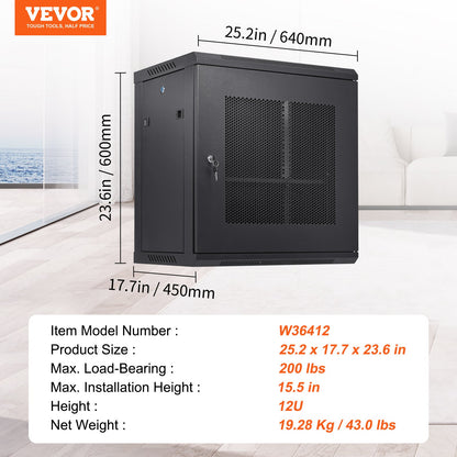 12U Wall Mount Network Server Cabinet, 15.5'' Deep, Server Rack Cabinet Enclosure, 200 lbs Max. Ground-mounted Load Capacity, with Locking Door Side Panels, for IT Equipment, A/V Devices - Image 7