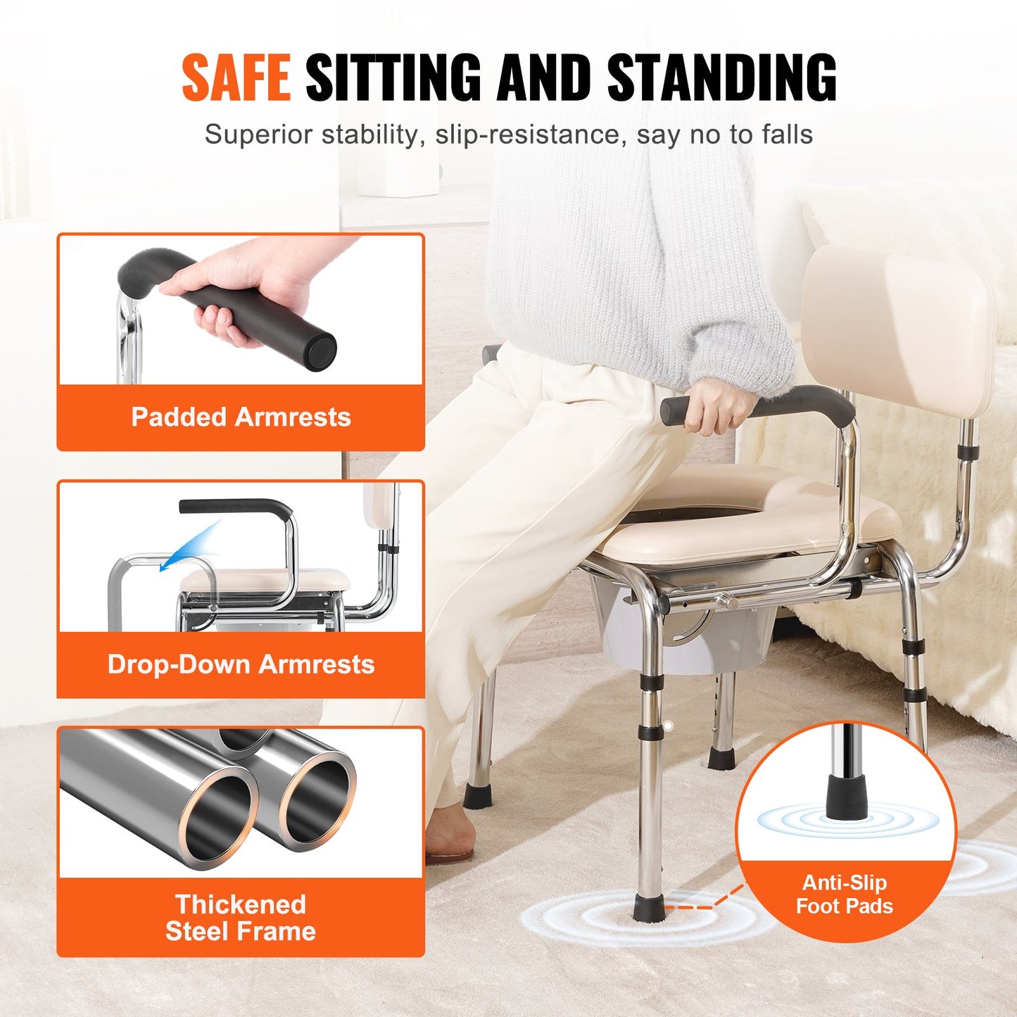 Commode Chair, Bedside Commode with Padded Seat, Drop-Down Arms, 7-Level Adjustable Height, 5.8L Removable Bucket, Easy to Assemble, 350LBS Capacity, Portable Toilet for Adults Seniors - Image 3