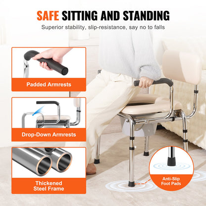 Commode Chair, Bedside Commode with Padded Seat, Drop-Down Arms, 7-Level Adjustable Height, 5.8L Removable Bucket, Easy to Assemble, 350LBS Capacity, Portable Toilet for Adults Seniors - Image 3