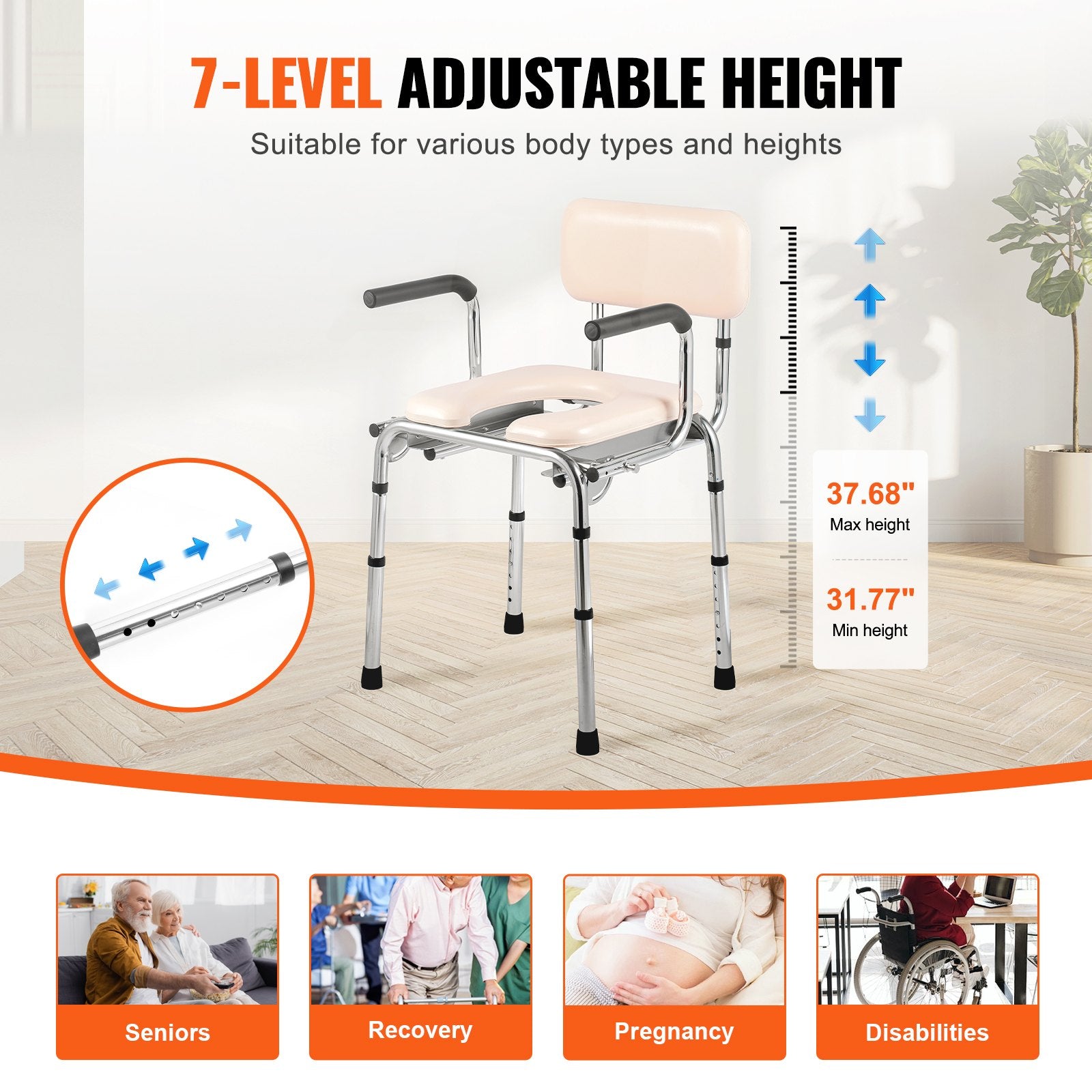 Commode Chair, Bedside Commode with Padded Seat, Drop-Down Arms, 7-Level Adjustable Height, 5.8L Removable Bucket, Easy to Assemble, 350LBS Capacity, Portable Toilet for Adults Seniors - Image 4