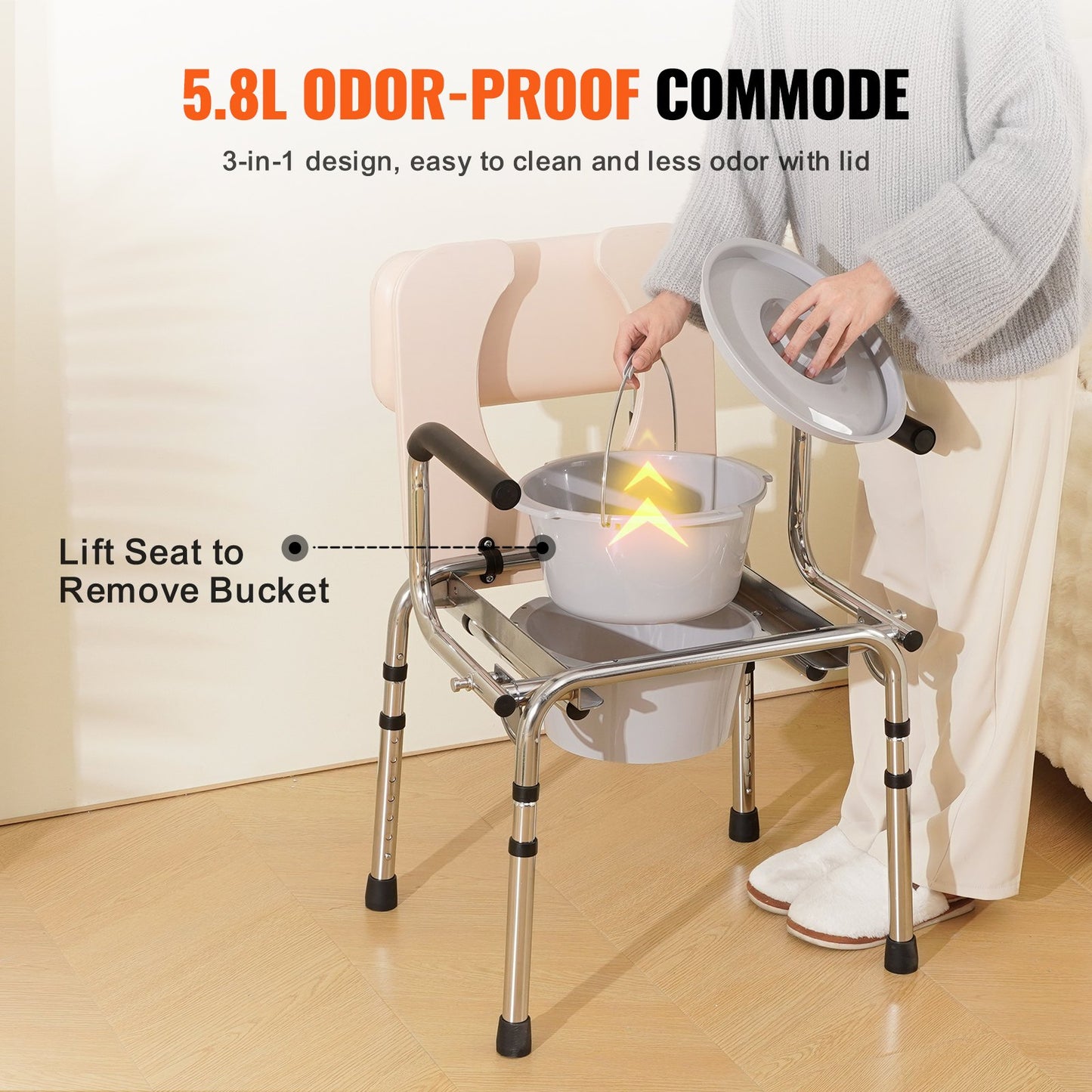 Commode Chair, Bedside Commode with Padded Seat, Drop-Down Arms, 7-Level Adjustable Height, 5.8L Removable Bucket, Easy to Assemble, 350LBS Capacity, Portable Toilet for Adults Seniors - Image 6