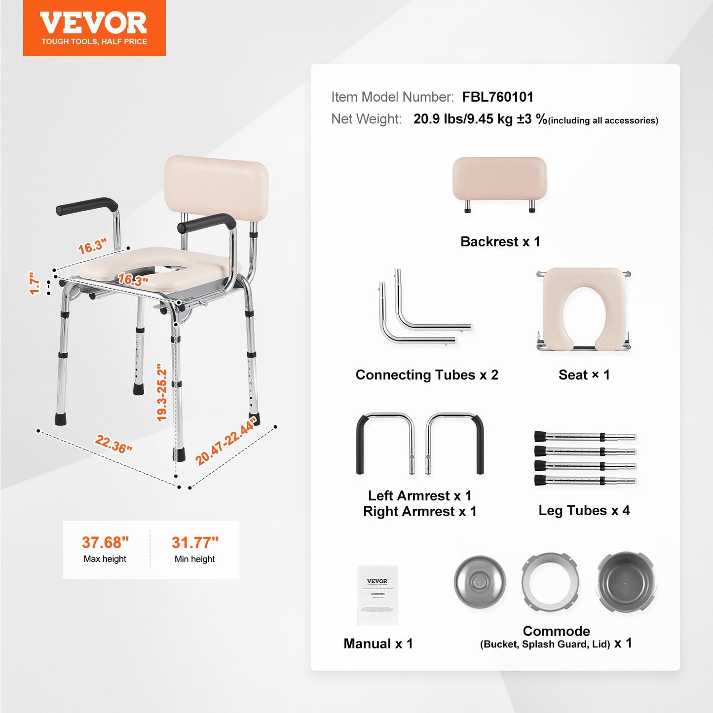 Commode Chair, Bedside Commode with Padded Seat, Drop-Down Arms, 7-Level Adjustable Height, 5.8L Removable Bucket, Easy to Assemble, 350LBS Capacity, Portable Toilet for Adults Seniors - Image 7
