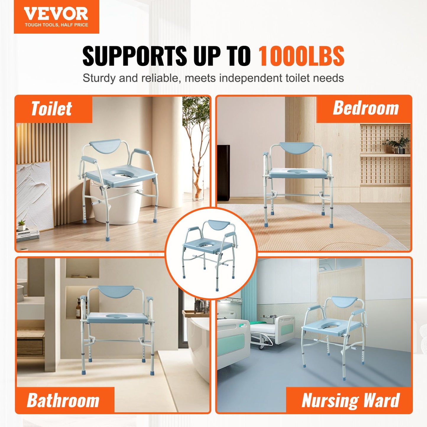 Commode Chair, Bedside Commode with Drop-Down Arms and Detachable Backrest, 5-Level Adjustable Height, 7L Removable Bucket, Easy to Assemble, 1000LBS Capacity, Portable Toilet for Adults Seniors - Image 2