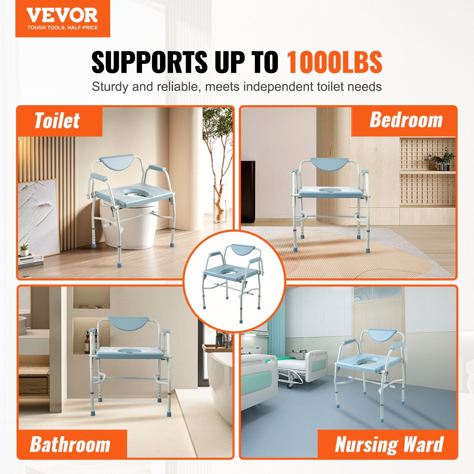 Commode Chair, Bedside Commode with Drop-Down Arms and Detachable Backrest, 5-Level Adjustable Height, 7L Removable Bucket, Easy to Assemble, 1000LBS Capacity, Portable Toilet for Adults Seniors - Image 2