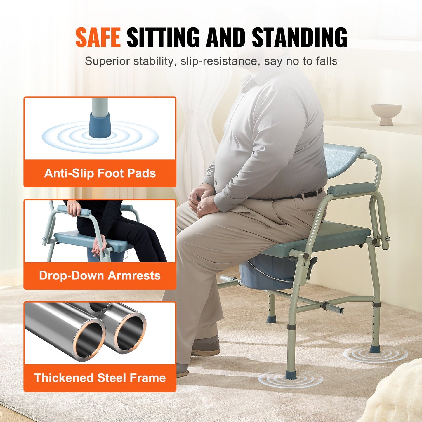 Commode Chair, Bedside Commode with Drop-Down Arms and Detachable Backrest, 5-Level Adjustable Height, 7L Removable Bucket, Easy to Assemble, 1000LBS Capacity, Portable Toilet for Adults Seniors - Image 3