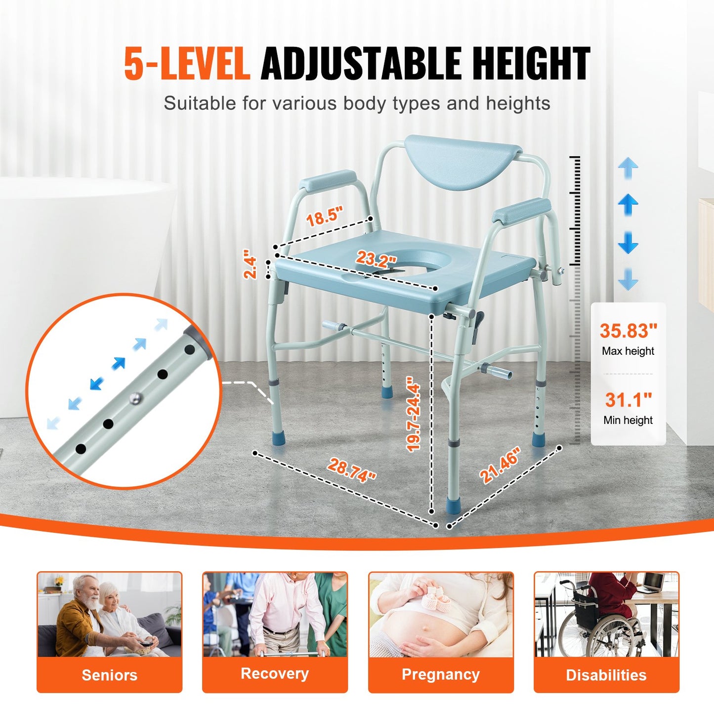Commode Chair, Bedside Commode with Drop-Down Arms and Detachable Backrest, 5-Level Adjustable Height, 7L Removable Bucket, Easy to Assemble, 1000LBS Capacity, Portable Toilet for Adults Seniors - Image 4