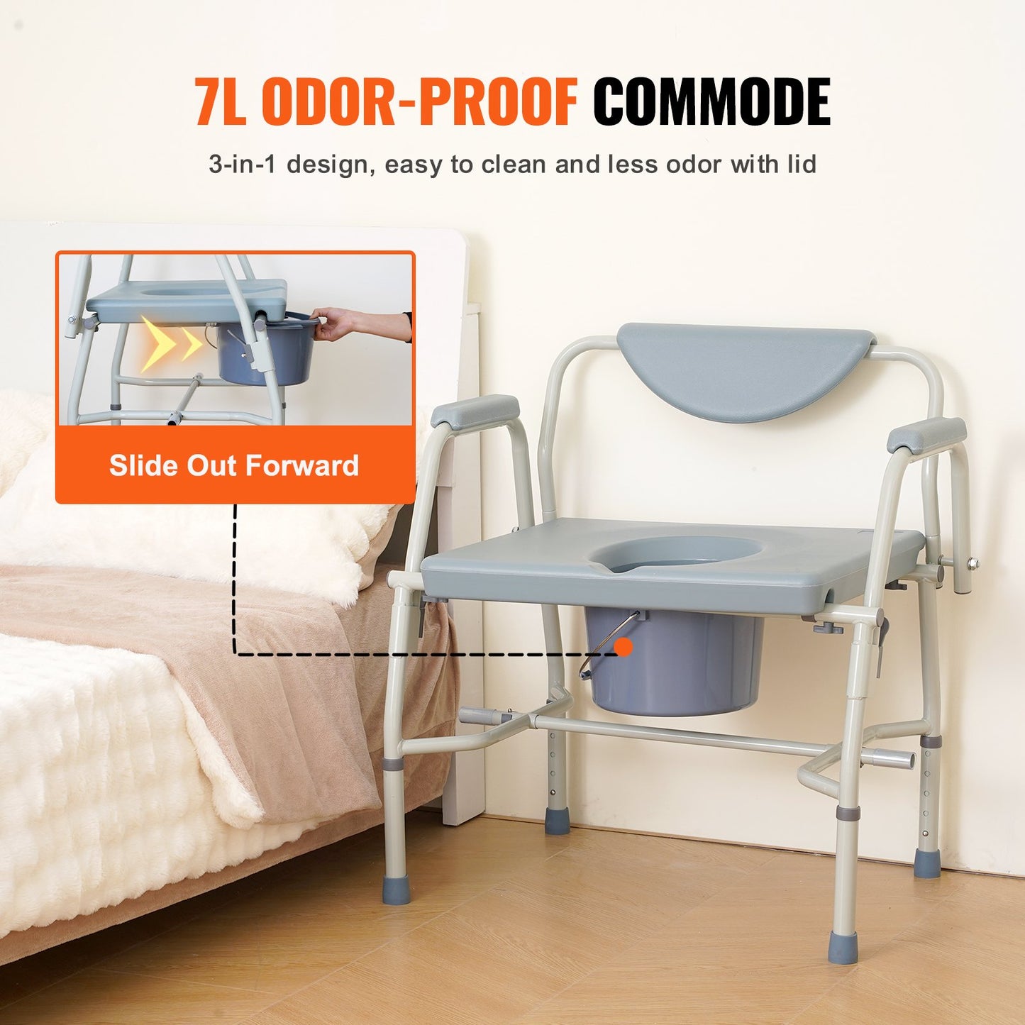 Commode Chair, Bedside Commode with Drop-Down Arms and Detachable Backrest, 5-Level Adjustable Height, 7L Removable Bucket, Easy to Assemble, 1000LBS Capacity, Portable Toilet for Adults Seniors - Image 6