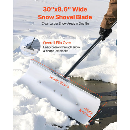 Snow Pusher Shovel, 76.2 cm Outdoor Snowplow Shovel with Ergonomic Grip, HDPE Plastic Blade, Winter Shovels with Segmented Handle, Metal Edged Strip, Portable Snow Removal Tool for Driveway - Image 2