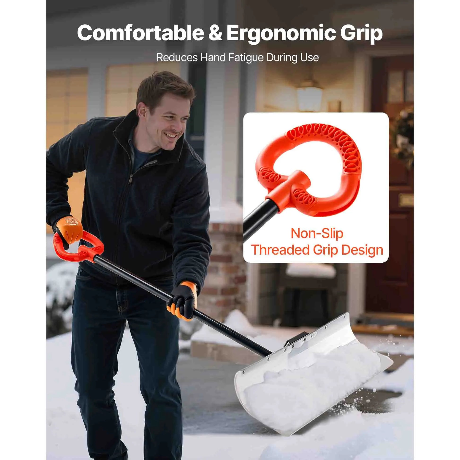 Snow Pusher Shovel, 76.2 cm Outdoor Snowplow Shovel with Ergonomic Grip, HDPE Plastic Blade, Winter Shovels with Segmented Handle, Metal Edged Strip, Portable Snow Removal Tool for Driveway - Image 4