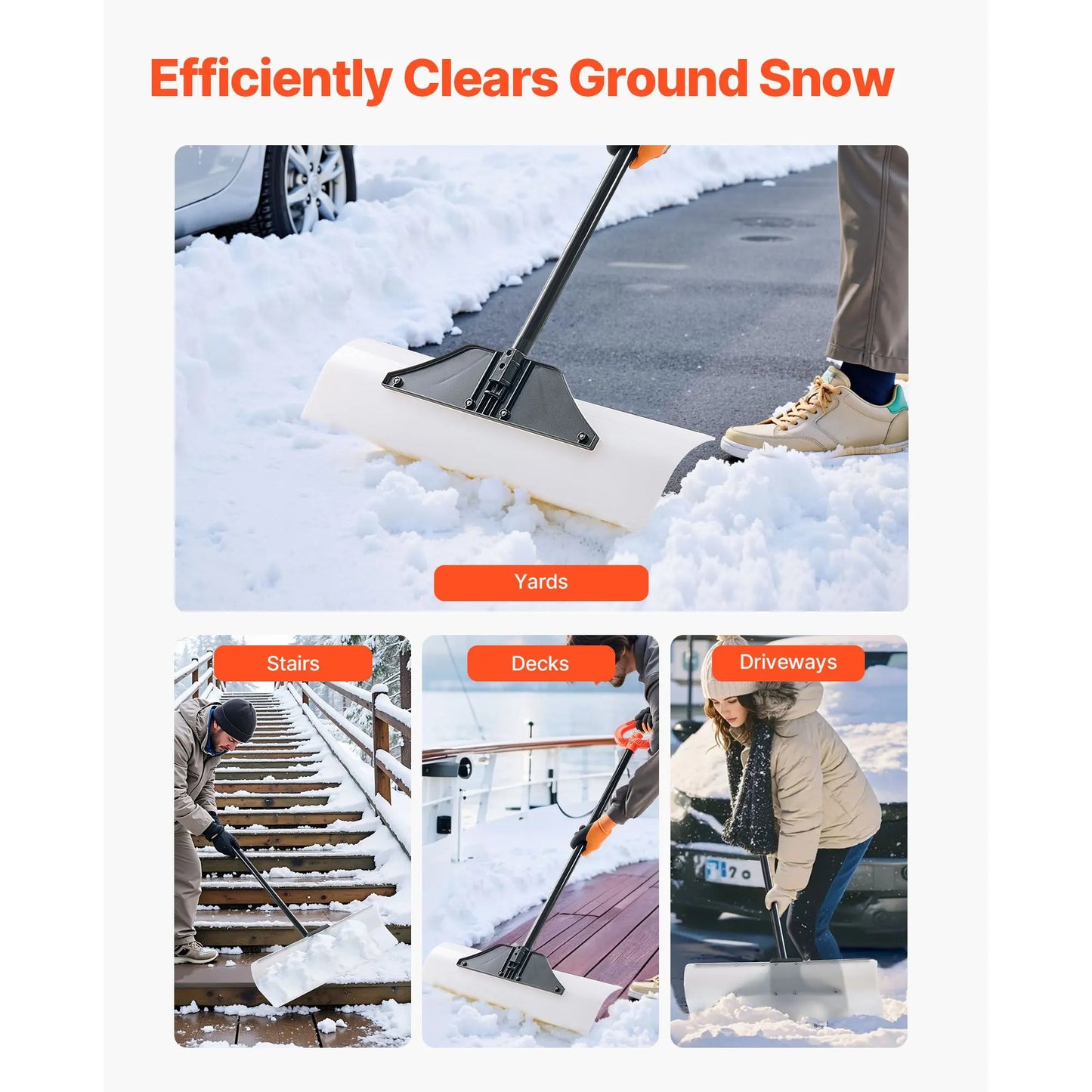 Snow Pusher Shovel, 76.2 cm Outdoor Snowplow Shovel with Ergonomic Grip, HDPE Plastic Blade, Winter Shovels with Segmented Handle, Metal Edged Strip, Portable Snow Removal Tool for Driveway - Image 6
