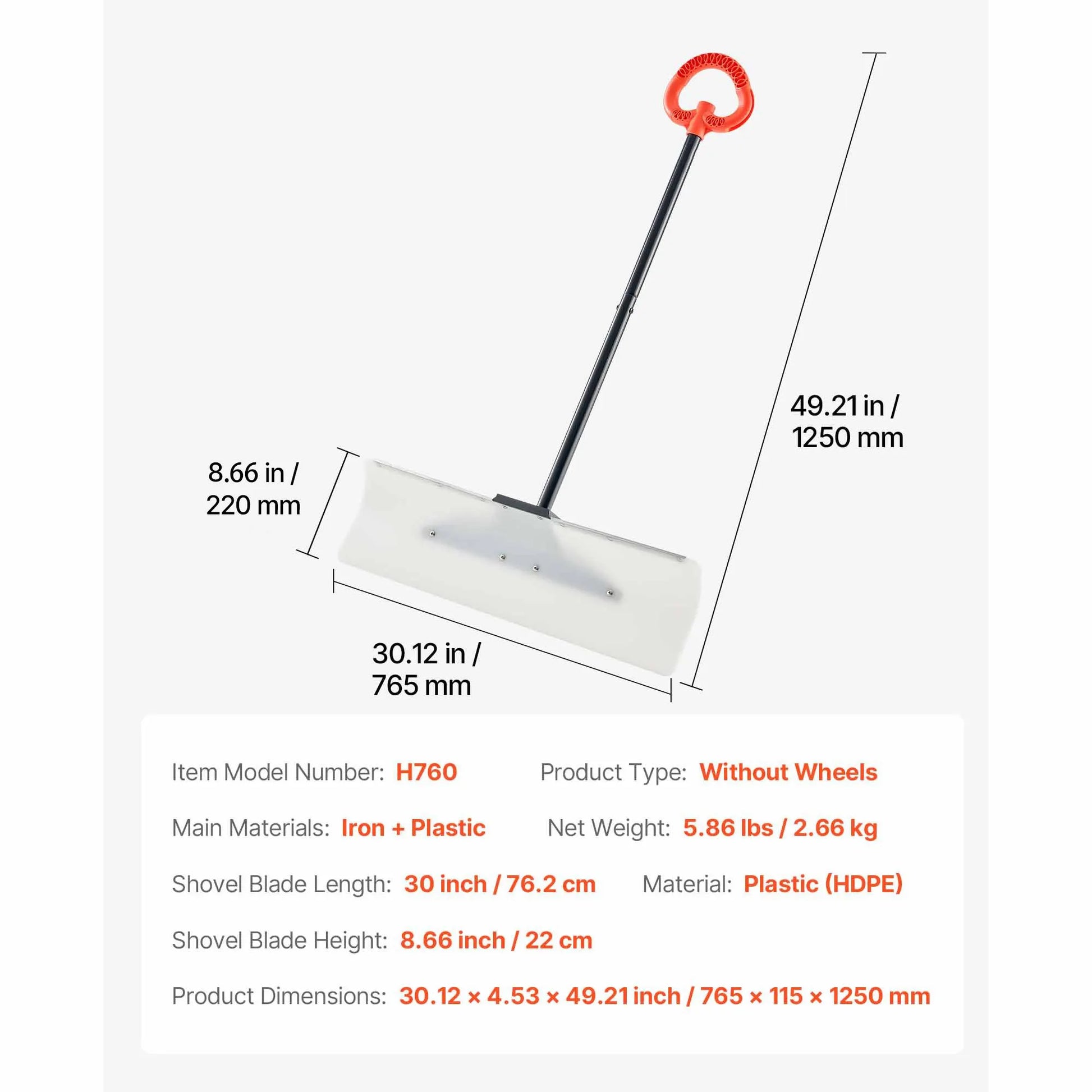 Snow Pusher Shovel, 76.2 cm Outdoor Snowplow Shovel with Ergonomic Grip, HDPE Plastic Blade, Winter Shovels with Segmented Handle, Metal Edged Strip, Portable Snow Removal Tool for Driveway - Image 7