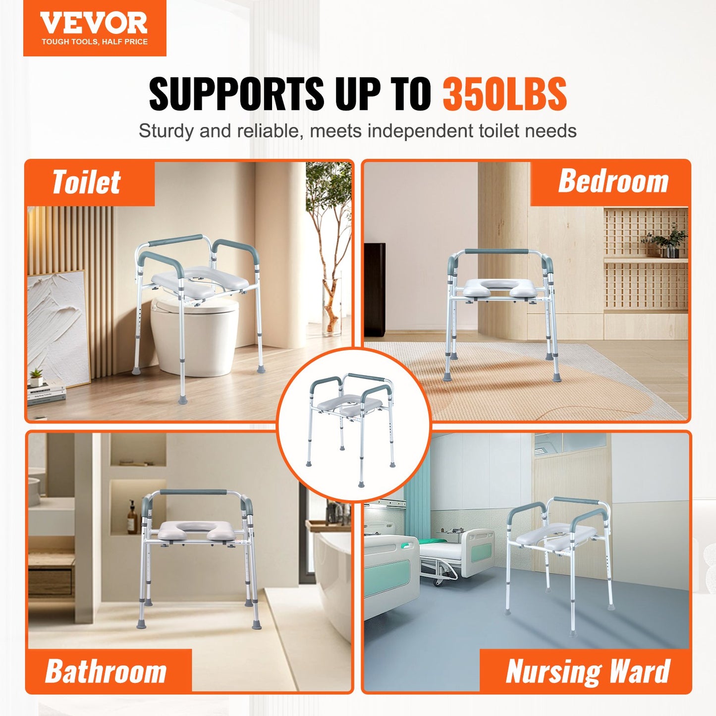 Commode Chair, Bedside Commode with Padded Seat and Arms, 7-Level Adjustable Height, 5.8L Removable Bucket, Easy to Assemble, 350 LBS Capacity, Raised Toilet Seat for Adults Seniors - Image 2