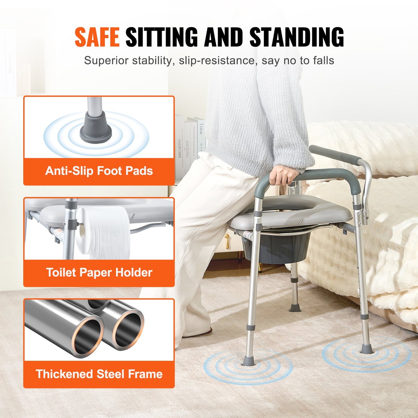 Commode Chair, Bedside Commode with Padded Seat and Arms, 7-Level Adjustable Height, 5.8L Removable Bucket, Easy to Assemble, 350 LBS Capacity, Raised Toilet Seat for Adults Seniors - Image 3