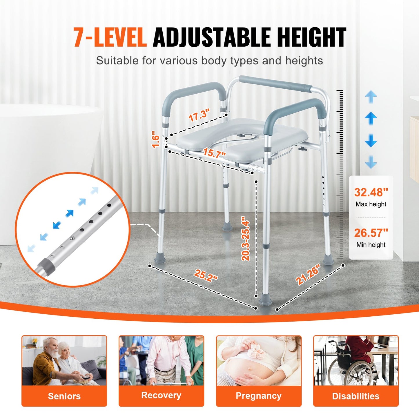 Commode Chair, Bedside Commode with Padded Seat and Arms, 7-Level Adjustable Height, 5.8L Removable Bucket, Easy to Assemble, 350 LBS Capacity, Raised Toilet Seat for Adults Seniors - Image 4